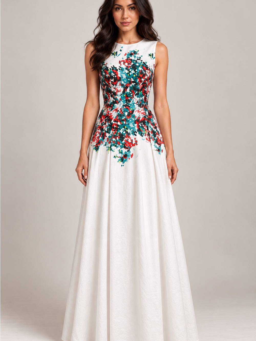 White Maxi Dress with Vibrant Red & Teal Floral Print